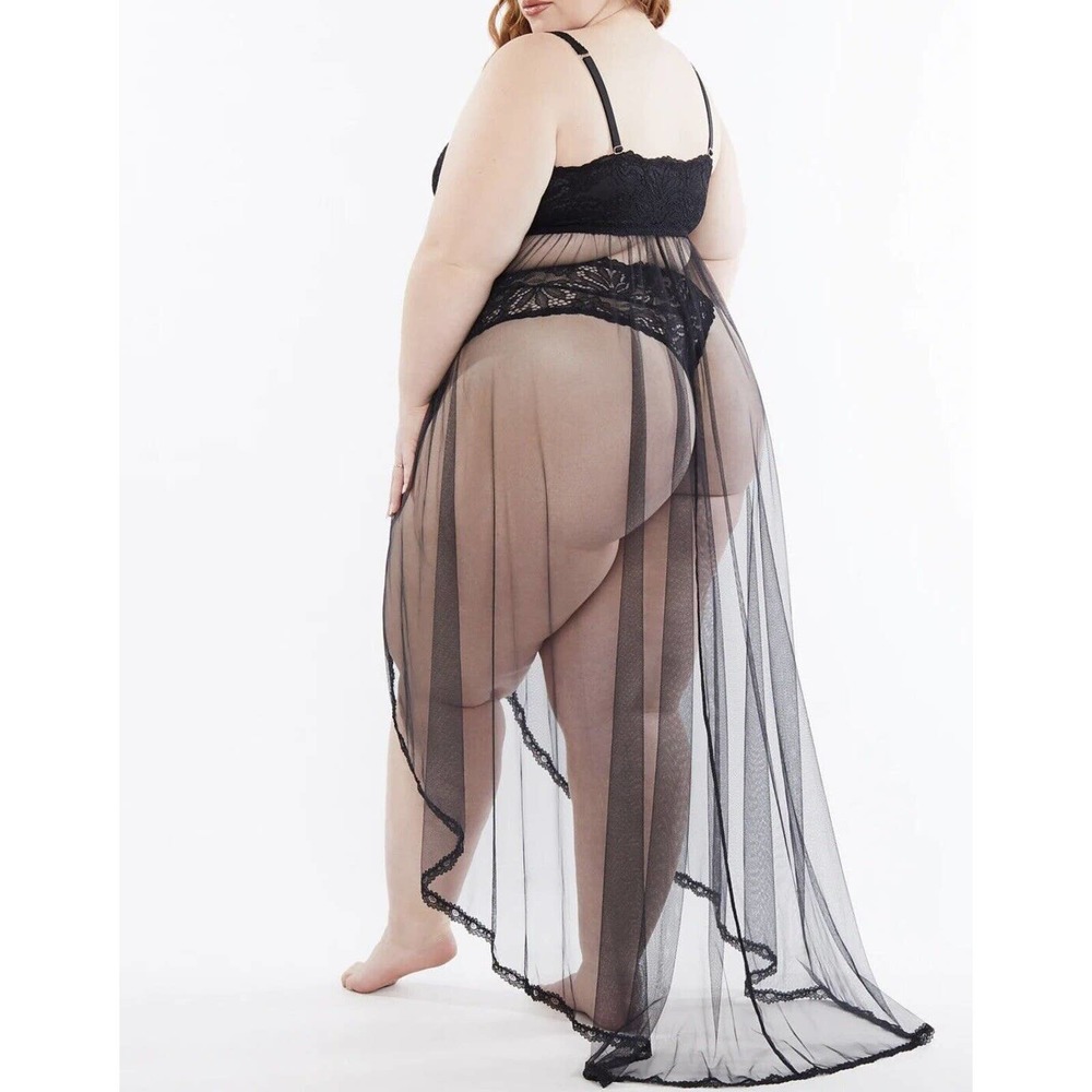 SAVAGE X FENTY ROMANTIC CORDED LACE TULLE Black Long Slip Gown MAXI SZ 1X $84